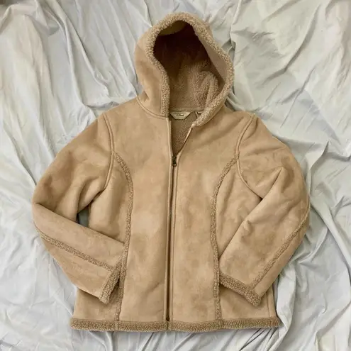 L.L Bean Cream Tan Faux Suede Chunky Teddy Shearling Winter Jacket With Hood M Brown Size M