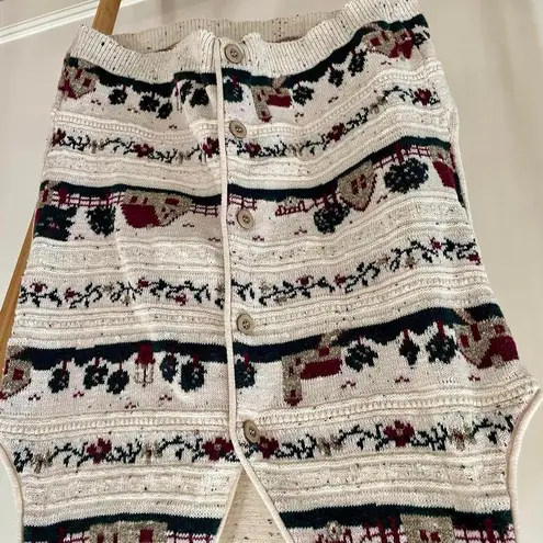 Vintage Speckled Floral Cottage House Tree Print Button Front Sweater Vest in Cream Tan Size L