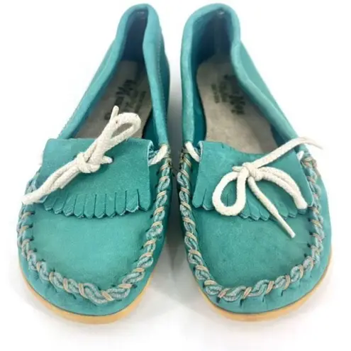 Vintage Sioux Mox Women's Suede Leather Tri Stitch Moccasins Turquoise Size 6 Blue