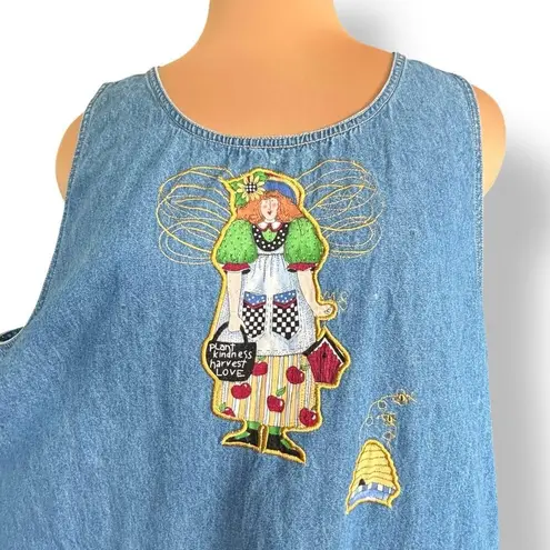 Vintage Quacker Factory Denim Jumper Midi Dress Plus 2X Yellow Floral Embroidery Blue