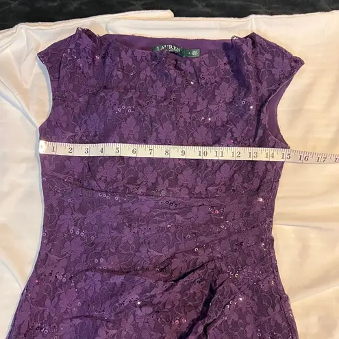 Lauren Ralph Lauren Purple Sequin Lace Cocktail Dress Cowl Neck Ruched Size 4