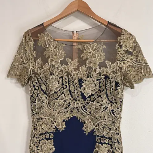 Marchesa Notte Navy/Gold Lace Embroidered Beaded Satin Sheath Evening Dress sz 8 Blue
