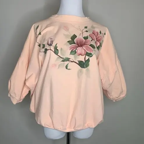 Vintage Peach Painted Flower Popover Top 80s 90s Sz Large Orange
