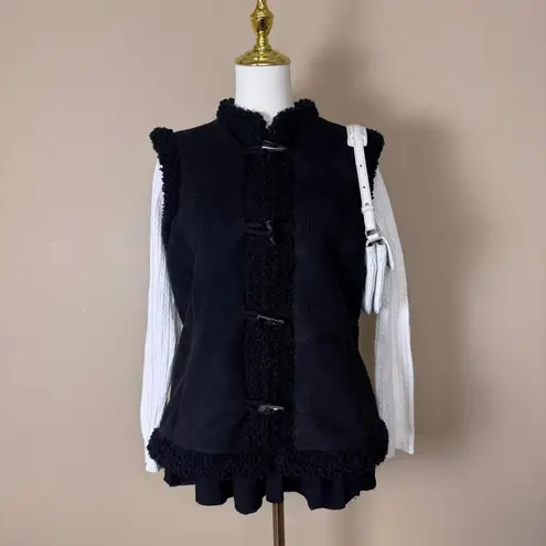 Charter Club Black Faux Suede Toggle Vest Size Large Winter Sherpa Cozy Cabin