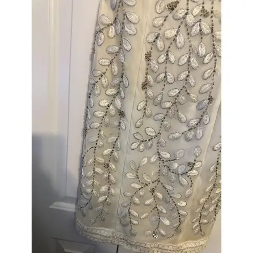 Sue Wong Dress Ivory Embroidered Beaded Leaf Pattern Sleeveless V-Neck 0