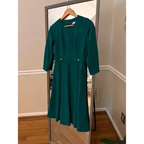 London Style Green Fit & Flare Dress Size 4 Classic Midi Long Sleeve Elegant