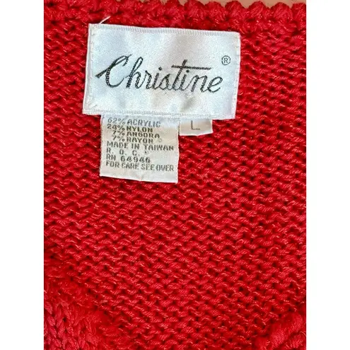 VINTAGE Christine Women’s L Sweater Red White Long Puff Sleeve V Neck Knit Size L