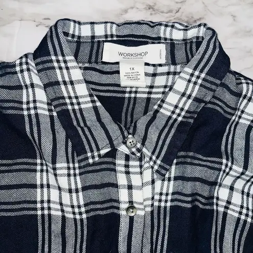 Workshop Republic Clothing Workshop 3/4 Sleeve Plaid Button Front Black & White Women 1X Grunge Goth Lumber