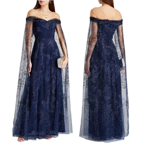 Marchesa Notte Tulle Overlay Cape Embellished Gown Blue Size 0