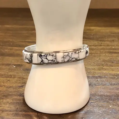 WHITE BUFFALO Sterling Silver Mosaic Inlay Navajo Native American Tapered Cuff