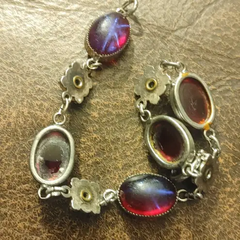 Vintage Bracelet Floral Silver Tone Oval Cabochons Red Blue Glass Star Stones