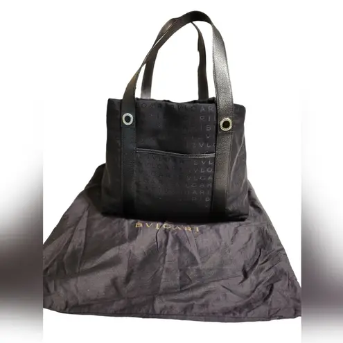 BVLGARI Authentic Canvas Monogram Tote with Leather Trim Black