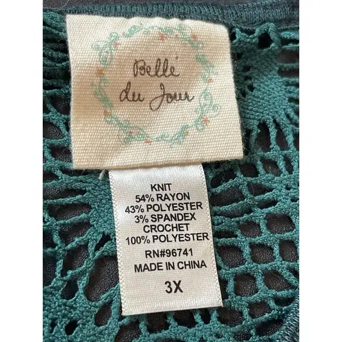 belle du jour Green Jersey Knit All Crochet Back 3x 3/4 Sleeve Top