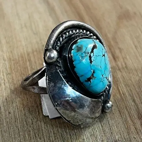 Vintage Blue  Turquoise Leaf Ring, Sterling Silver Native American Ring Sz 5.5