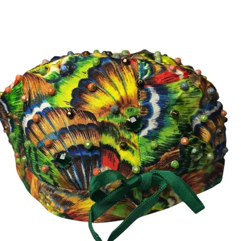 Vintage Patrice Beaded Jeweled Pillbox Hat Peacock Print Union Made USA 60s Green