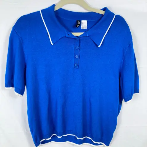 Divided Womens L Blue Polo Fine Knit Short Sleeve Sweater Retro Preppy Tennis Size L