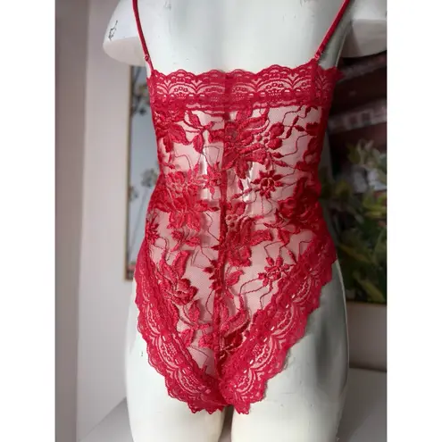 Cacique Coral Pink Sheer Lace Teddy Bodysuit Bow Tie Lingerie Size Large