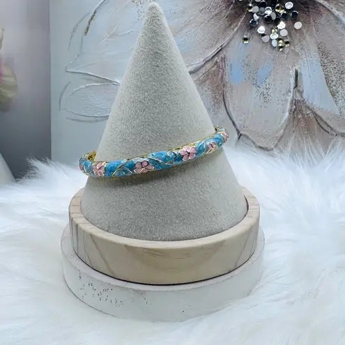 Cotton Candy Blue & Pink Flower Enamel Cloisonne Bracelet Bangle