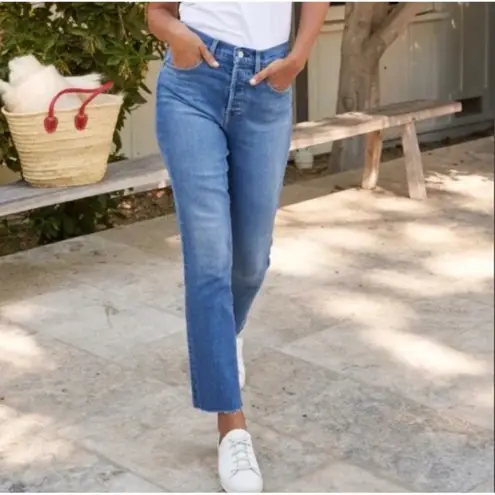 Frank & Eileen Cork Everyday Straight Leg Jeans Raw Hem in Antique Blue Size 25