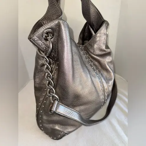 Michael Kors Metallic Gray Leather Studded Chain Strap Satchel Shoulder Bag Silver