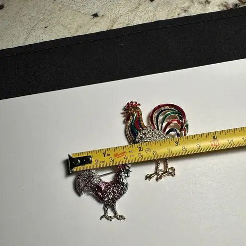 Lot Of 2 Bird Rooster Chicken Brooch Pins Enamel & Rhinestone