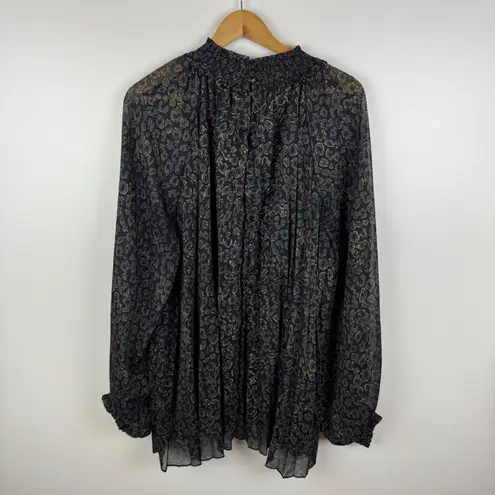 Oddi Black Gold Metallic Animal Print
Smocked Pleated Blouse Sz 3XL Long Sleeve