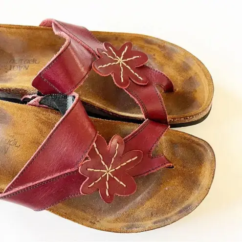 NAOT Dark Red Leather Floral Motif Cork Sandals Women’s Size 12 Summer Slides