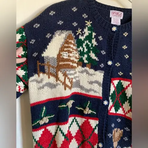 PBJ Sport Vintage Navy Ugly Christmas Ramie Blend Button Up Cardigan Sweater Blue Size L