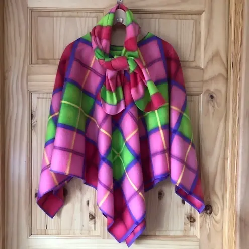 Bright multicolored plaid fleece handmade poncho & scarf set OS Size undefined