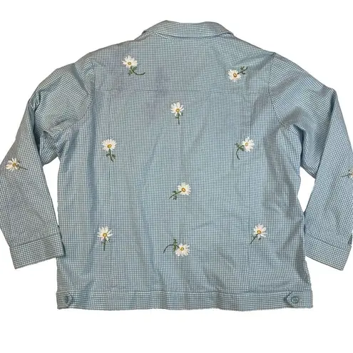 Quacker Factory  Blue Gingham Embroidered Floral Daisies Jacket Women's Size 1X