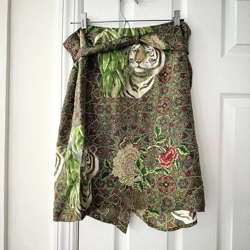 Wayne Rogers Vintage Silk Green Graphic Leopard Floral True Wrap Short Skirt 10