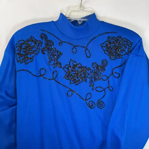 Vintage 80s Extravaganza Blue Glitter Shoulder Pad Sweater Sweatshirt USA