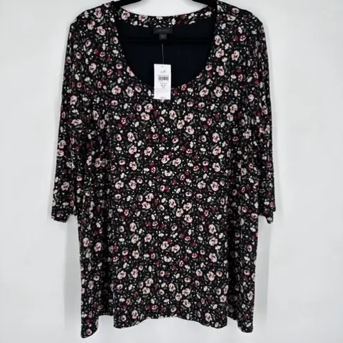 NWT J. Jill Women's Wherever Floral Crew Neck 3/4 Sleeve Blouse Black XL Petite