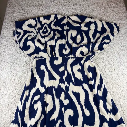 Molly Bracken Maxi Dress Navy Cream Abstract Print Flutter Sleeve V Neck S