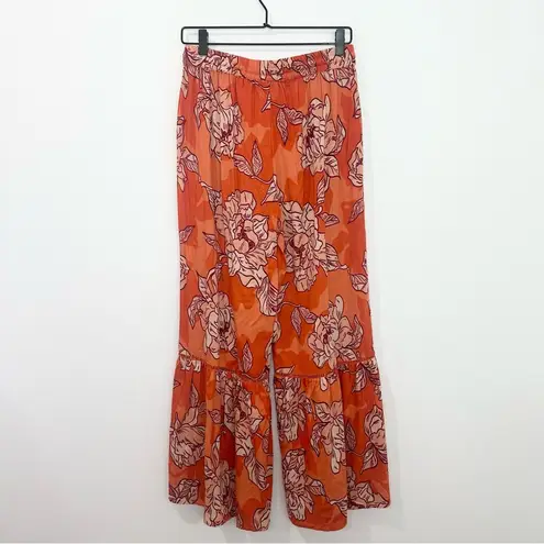 True Destinations Floral Pull On Ruffle Wide Leg Pant Orange Resort Wear Medium