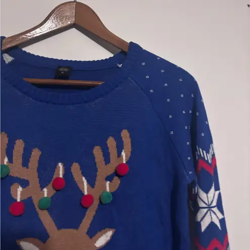 Ugly Christmas Sweater Bright Blue Reindeer Pom Pom Cozy Holiday
