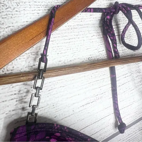 Attention NWT Purple & Black Floral Lace Print Chain Halter Bikini Top Size XL