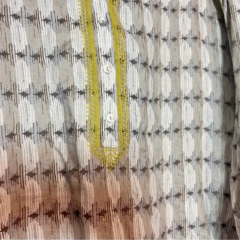 Sigrid Olsen Tunic Blouse Mini Dress Linen Size 1X Gray Tan Yellow Pattern