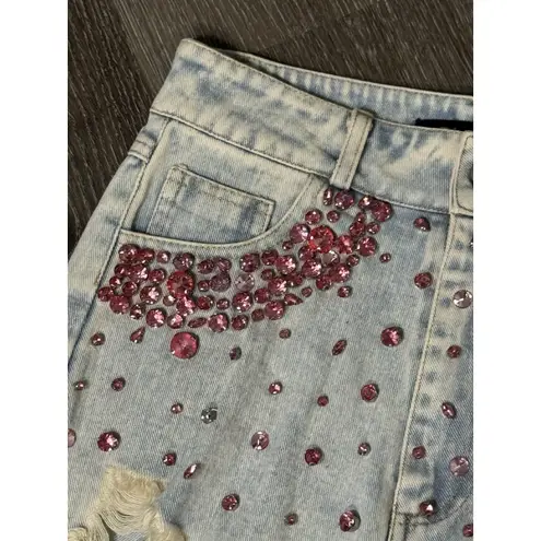 Blue B Collection Light Wash Cut Off Jean Shorts With Pink Rhinestone Detail, S