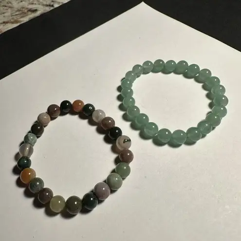 Lot Of 2 Beaded Stone / Glass 1 Multicolor 1 Green Stretchy Bracelet 6 1/4 Inch