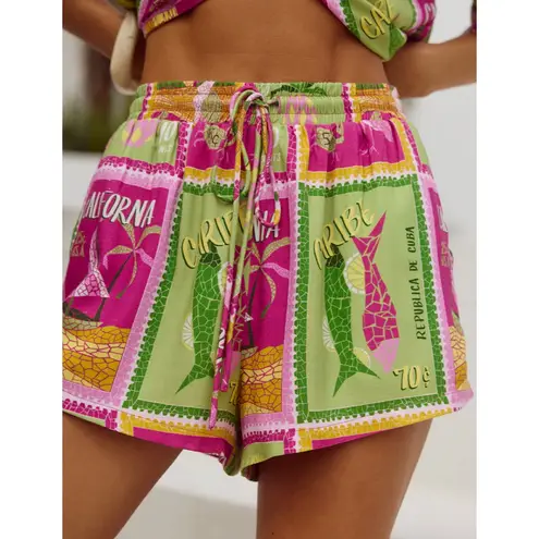 Seven Wonders Two Piece Set Womens XS Purple Green Hawaiian Aloha Shirt Shorts