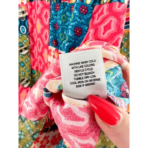 John Mark Women's Colorful Patchwork Button Blouse Large Boho Eclectic Indie Pink