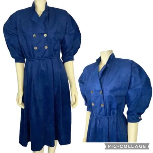 Vintage 80's Sansâge blue gold suede dress puffy sleeves double breasted size S