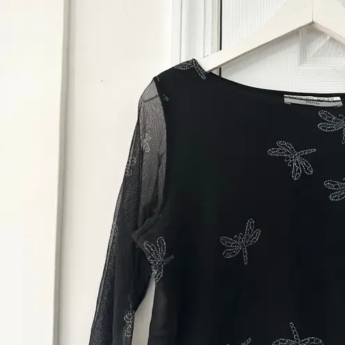 Victoria Jones Petite Black Mesh Sleeve Rhinestone Dragonfly Y2K Goth Top Medium