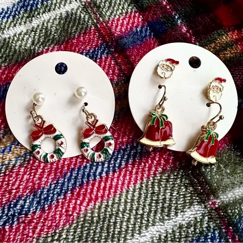 Festive Red and Green Holiday Earrings Set Santa Bell Wreath Pearl Dots