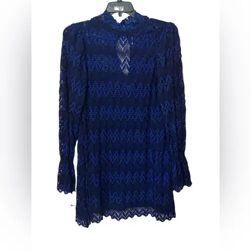 Free People  Simone Mock Neck Mini dress L Bell Sleeves Crochet Lace Cobalt Blue