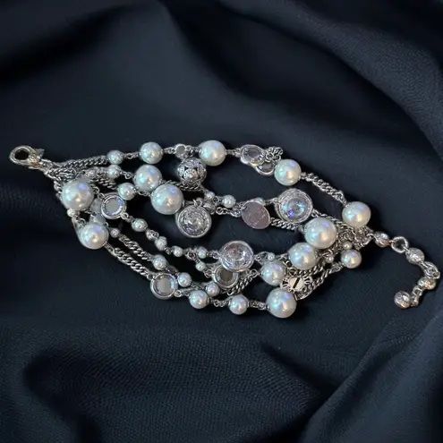 Henri Bendel silver tone multi strand pearls & crystals bracelet