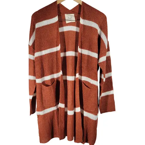 Fantastic Fawn Rust & Ivory Stripe Open Front Duster Knit Cardigan S NIB
