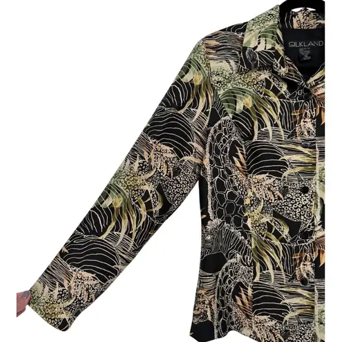 SILKLAND Pure Silk Safari Animal Print Lightweight Jacket Blazer Size 8 Career Black
