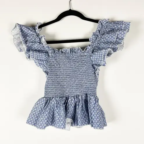 O.P.T Alana Cotton Poplin Smocked Bodice Ruffle Sleeve Blouse Shirt Top Blue XS